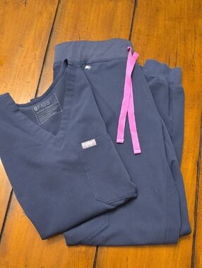 Figs Navy Scrub Set with Pink Drawstrings